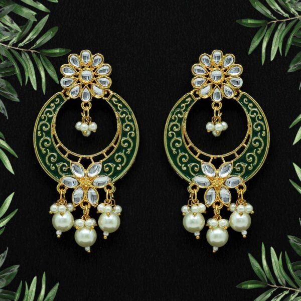 Green Color Kundan & Imitation Pearl Meenakari Earrings