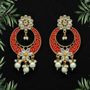 Red Color Kundan & Imitation Pearl Meenakari Earrings