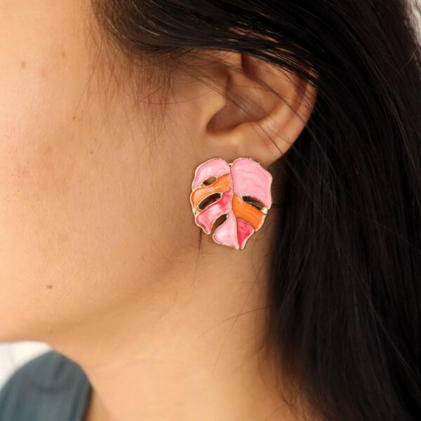 Pink-Orange Palm Leaf Enamel Earrings