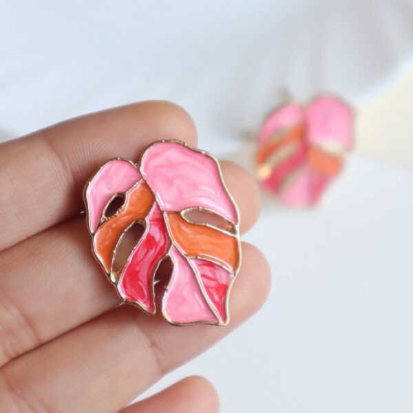 Pink-Orange Palm Leaf Enamel Earrings