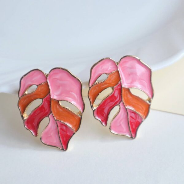 Pink-Orange Palm Leaf Enamel Earrings