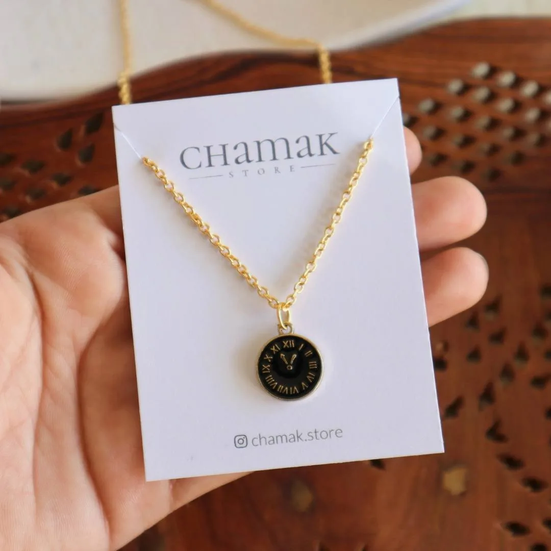 Black Clock Charm Necklace