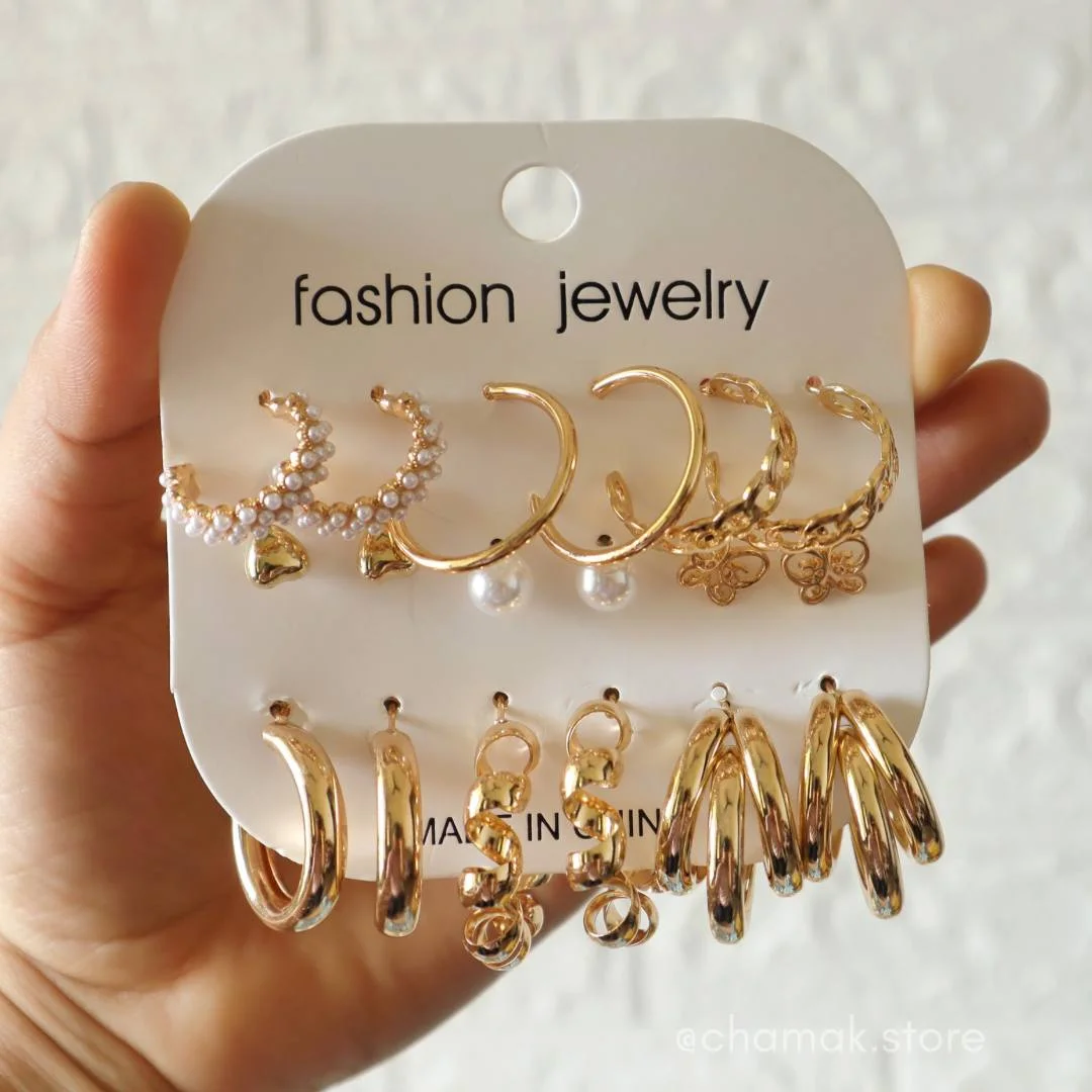 Set Of 9 Golden Earrings-Combo Earrings