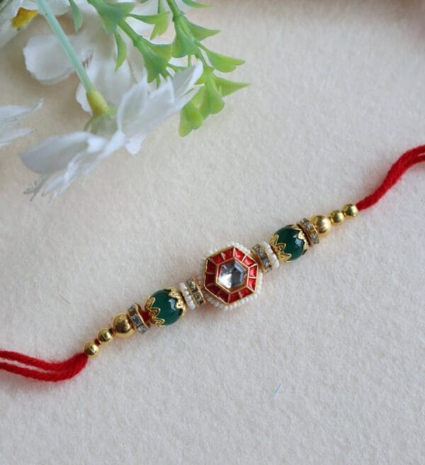 Majestic Red & Green Kundan Rakhi