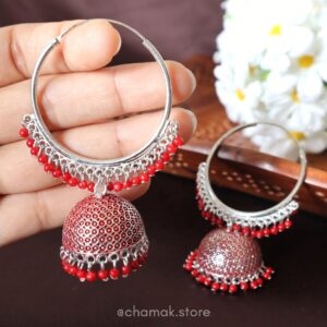 Oxidised Jhumka Earrings- Red