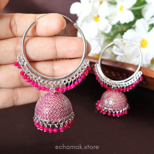 Oxidised Jhumka Earrings- Pink