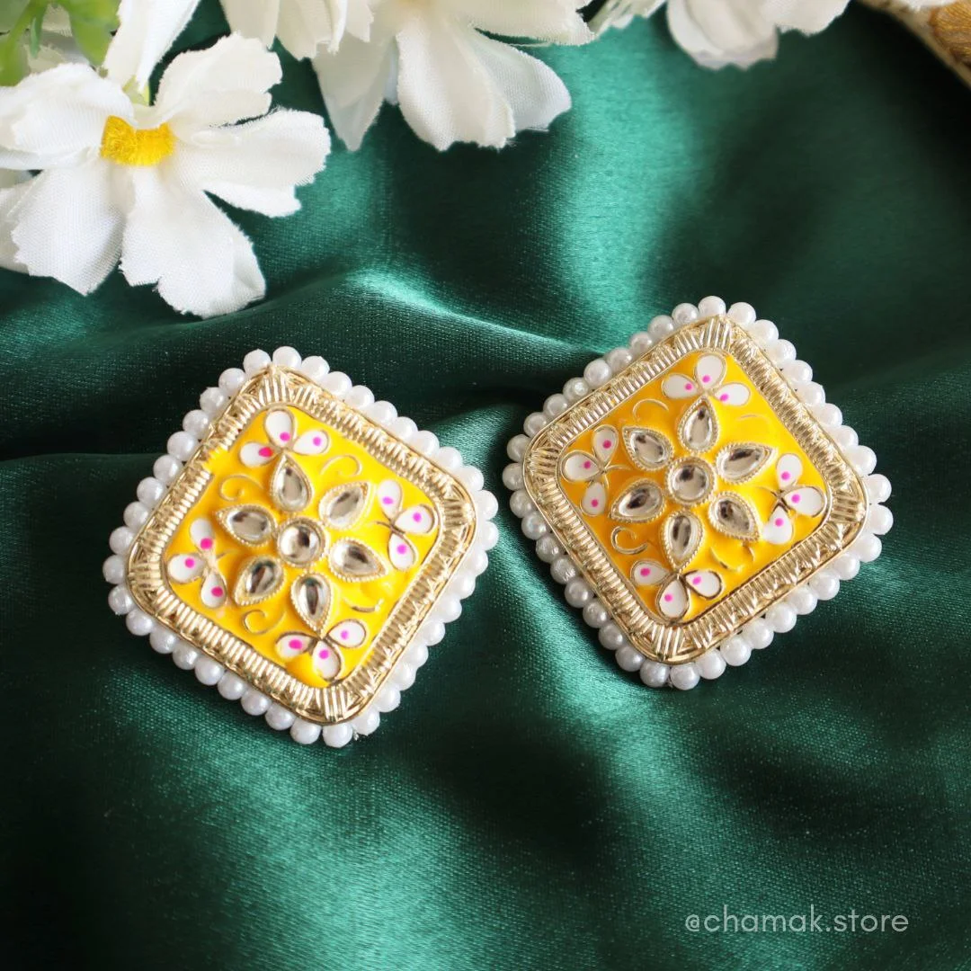 Kundan Meenakari Earrings- Yellow