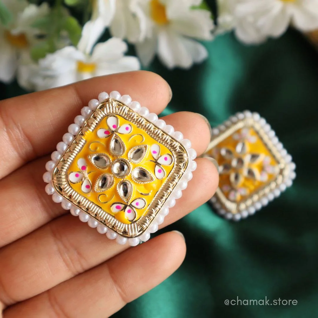 Kundan Meenakari Earrings- Yellow