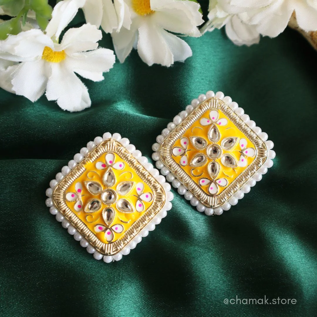 Kundan Meenakari Earrings- Yellow
