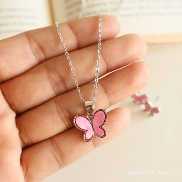 Pink Butterfly Combo Of Necklace, Earrings & Ring