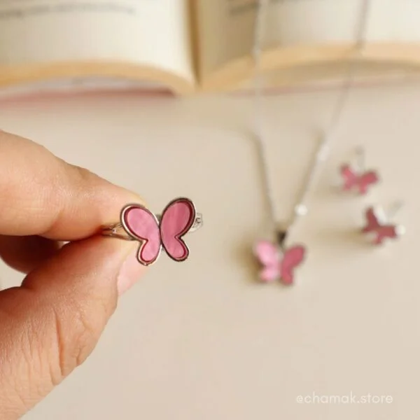Pink Butterfly Combo Of Necklace, Earrings & Ring