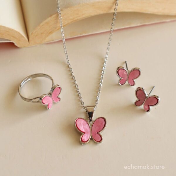 Pink Butterfly Combo Of Necklace, Earrings & Ring