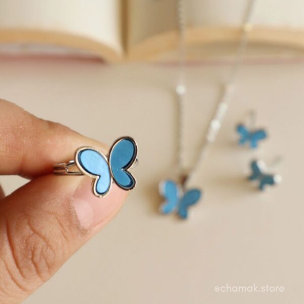 Blue Butterfly Combo Of Necklace, Earrings & Ring