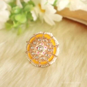 NIHIRA- Yellow Kundan Meenakari Ring