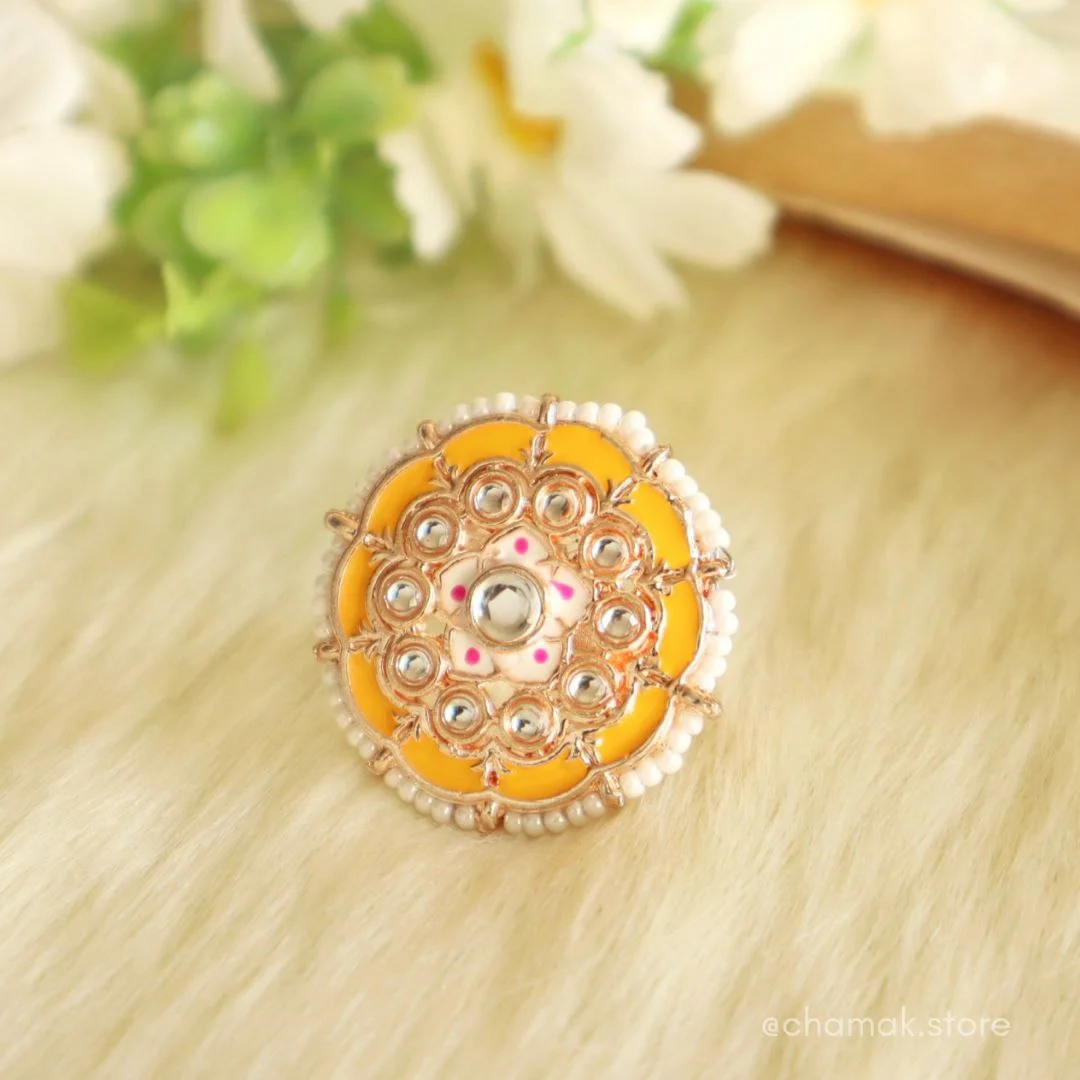 NIHIRA- Yellow Kundan Meenakari Ring