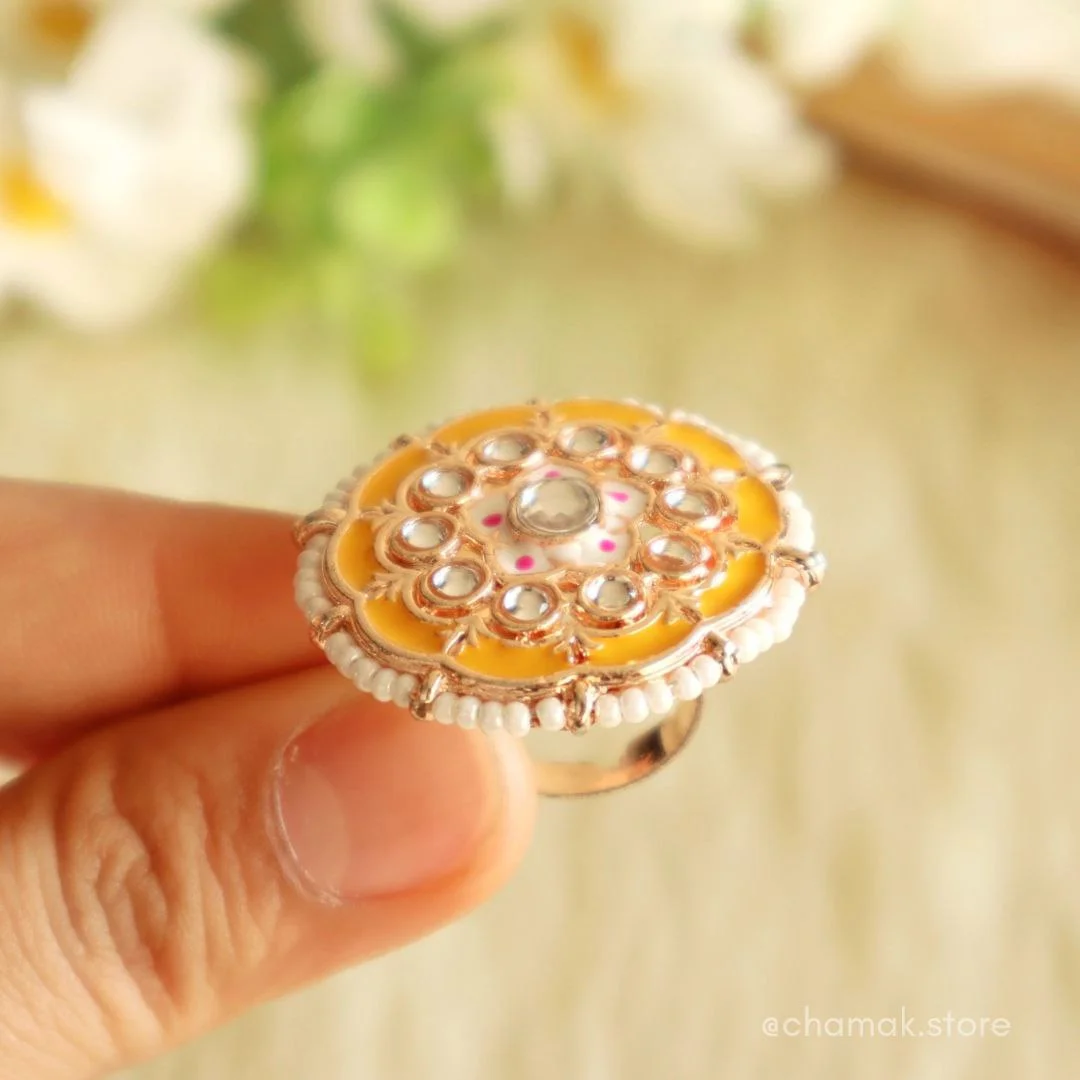 NIHIRA- Yellow Kundan Meenakari Ring