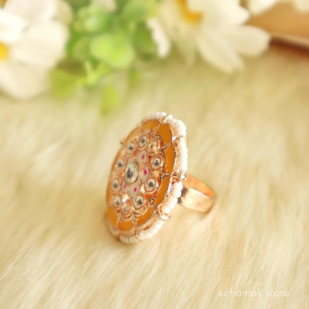 NIHIRA- Yellow Kundan Meenakari Ring