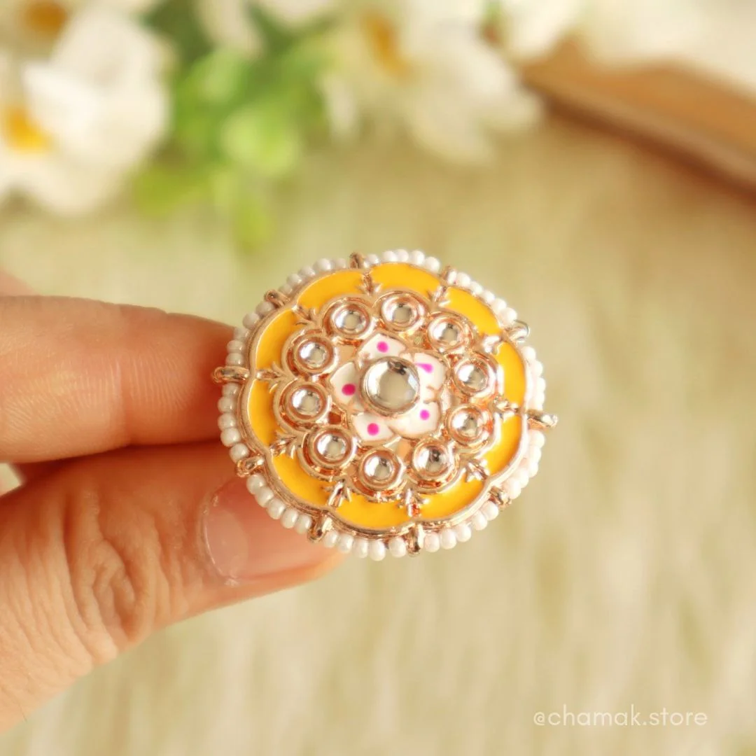 NIHIRA- Yellow Kundan Meenakari Ring