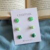 Set Of 3 Stud Earrings Card- Green