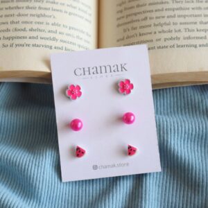 Set Of 3 Stud Earrings Card- Pink