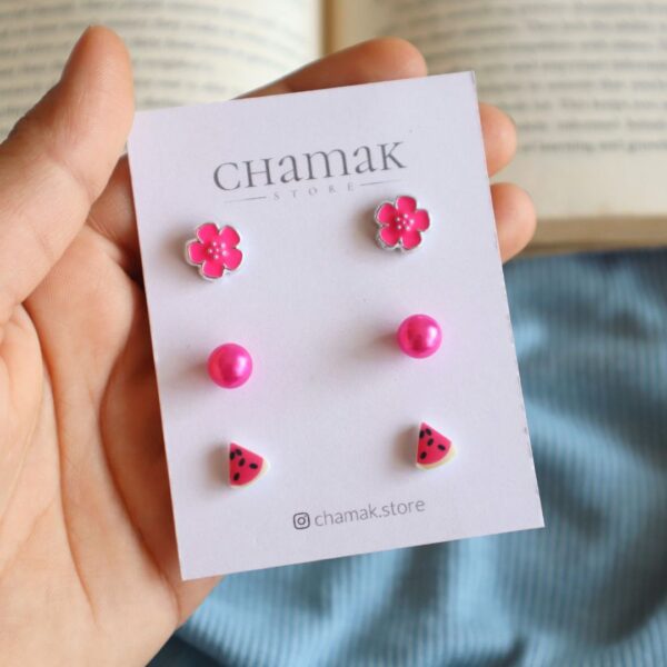Set Of 3 Stud Earrings Card- Pink