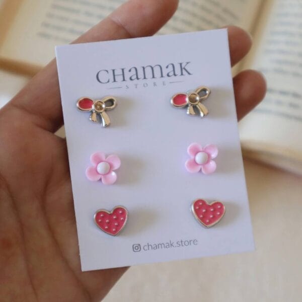 Set Of 3 Stud Earrings Card- Pink