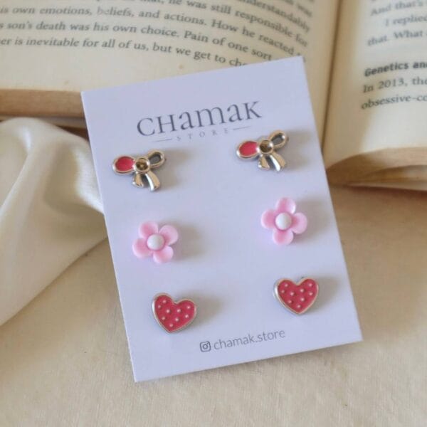 Set Of 3 Stud Earrings Card- Pink