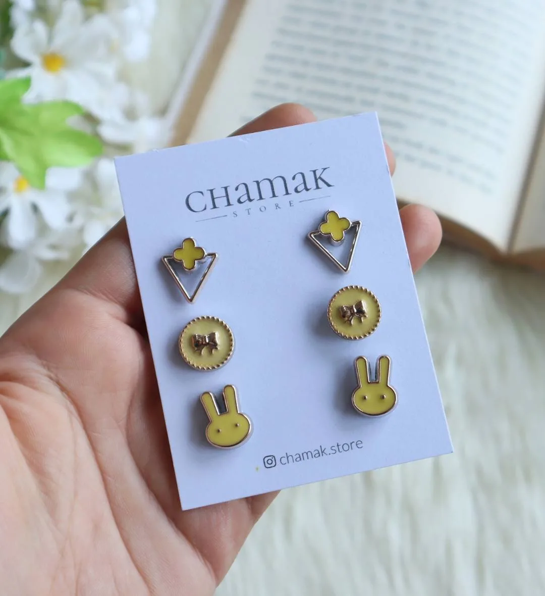 Set Of 3 Stud Earrings Card- Yellow