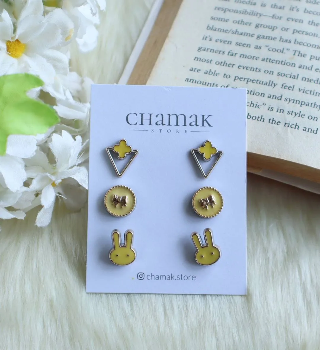 Set Of 3 Stud Earrings Card- Yellow