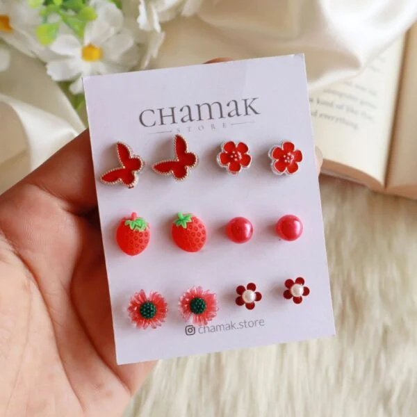 Set Of 6 Pair Of Stud Earrings- Red