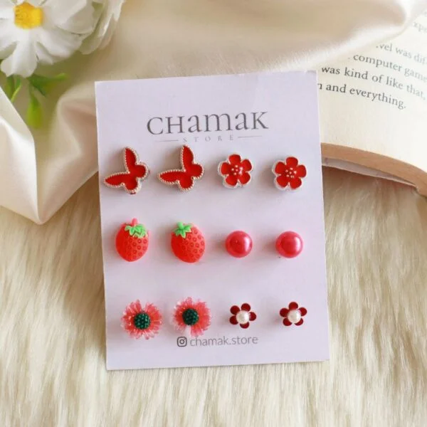 Set Of 6 Pair Of Stud Earrings- Red