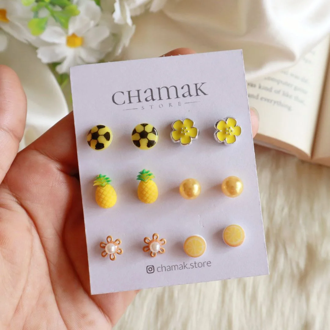 Set Of 6 Pairs Of Stud Earrings- Yellow