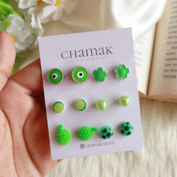 Set Of 6 Pair Of Stud Earrings- Green