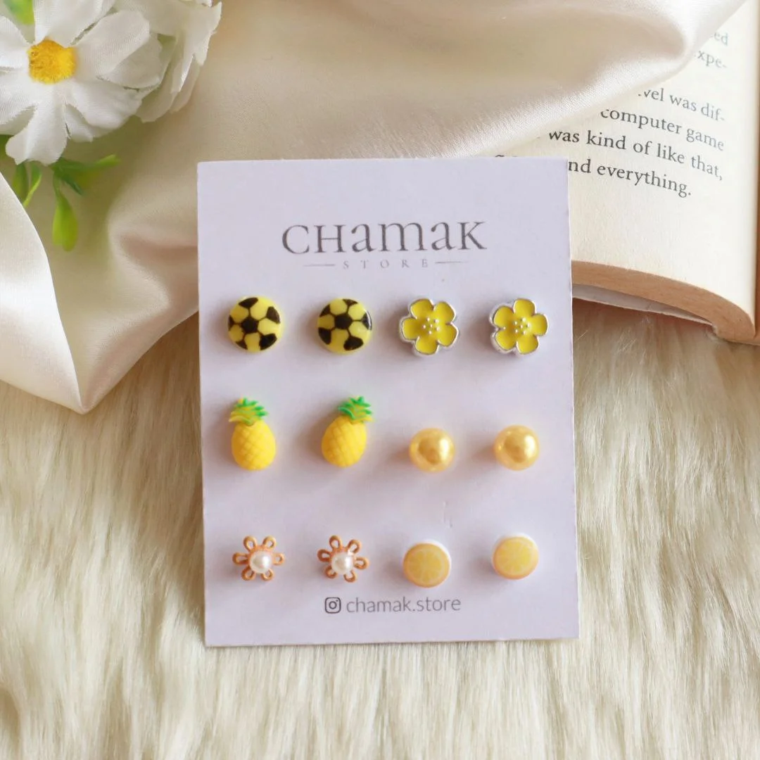 Set Of 6 Pairs Of Stud Earrings- Yellow