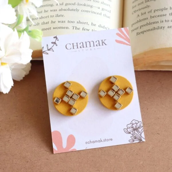 Yellow Kundan Fabric Stud Earrings