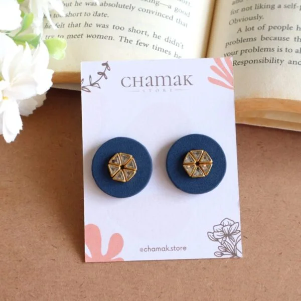 Blue Kundan Fabric Stud Earrings