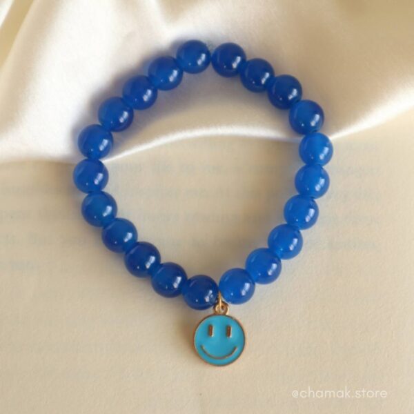 Blue Beaded Bracelet With Smiley Charm