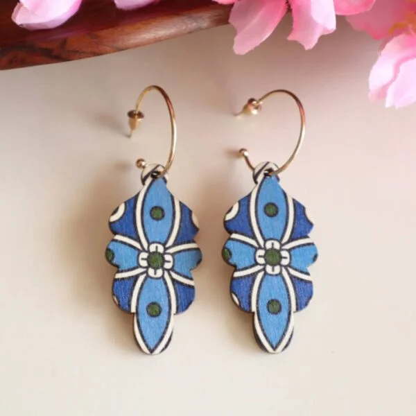 Blue Wooden Hoop Earrings