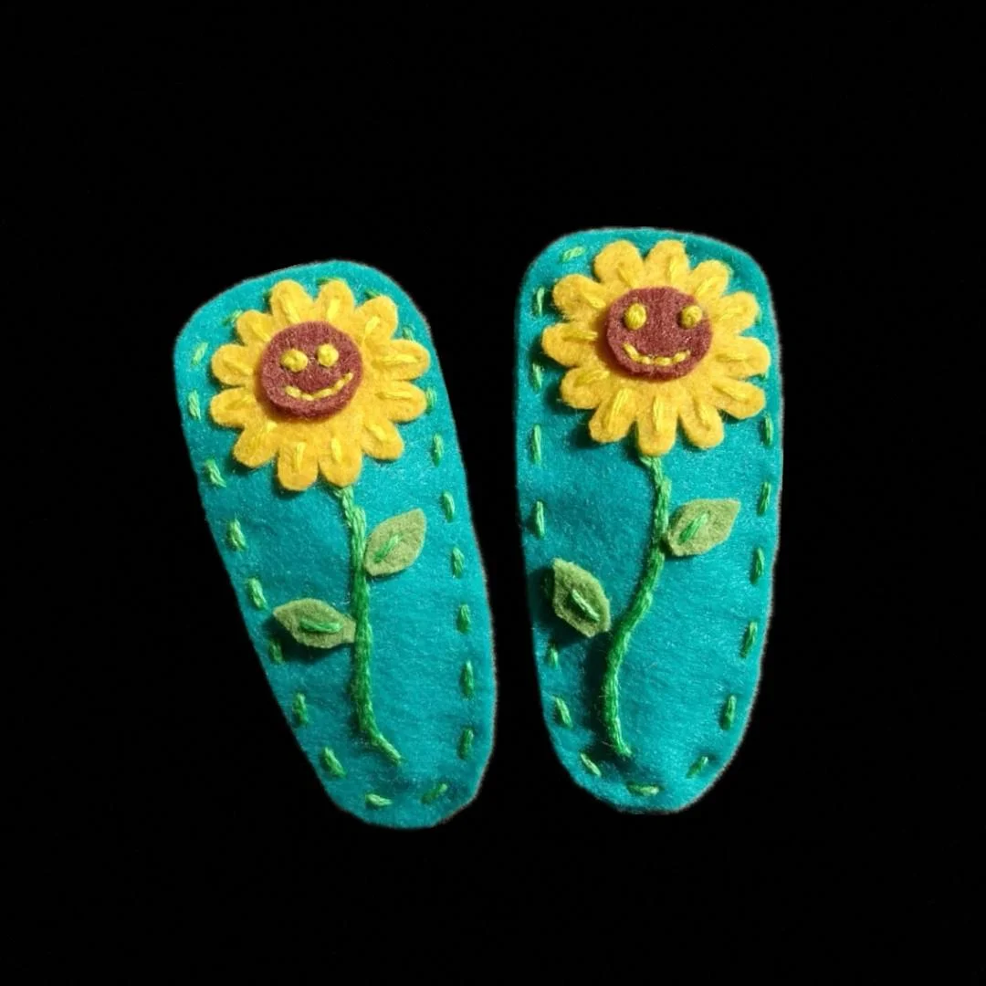 Set Of 2- Handmade Smiling Sunflower Hair Pins
