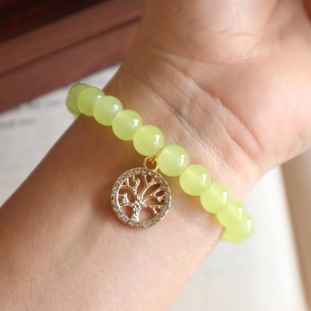 Lime Green Beaded Bracelet With Tree Of Life Charm