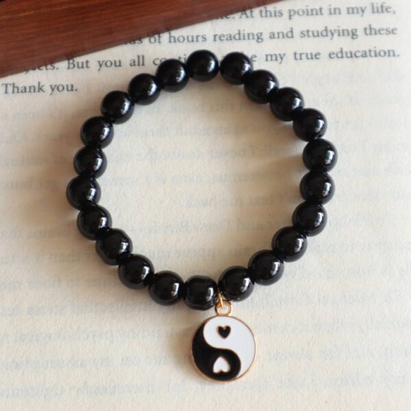 Black Beaded Bracelet With Yin Yang Charm