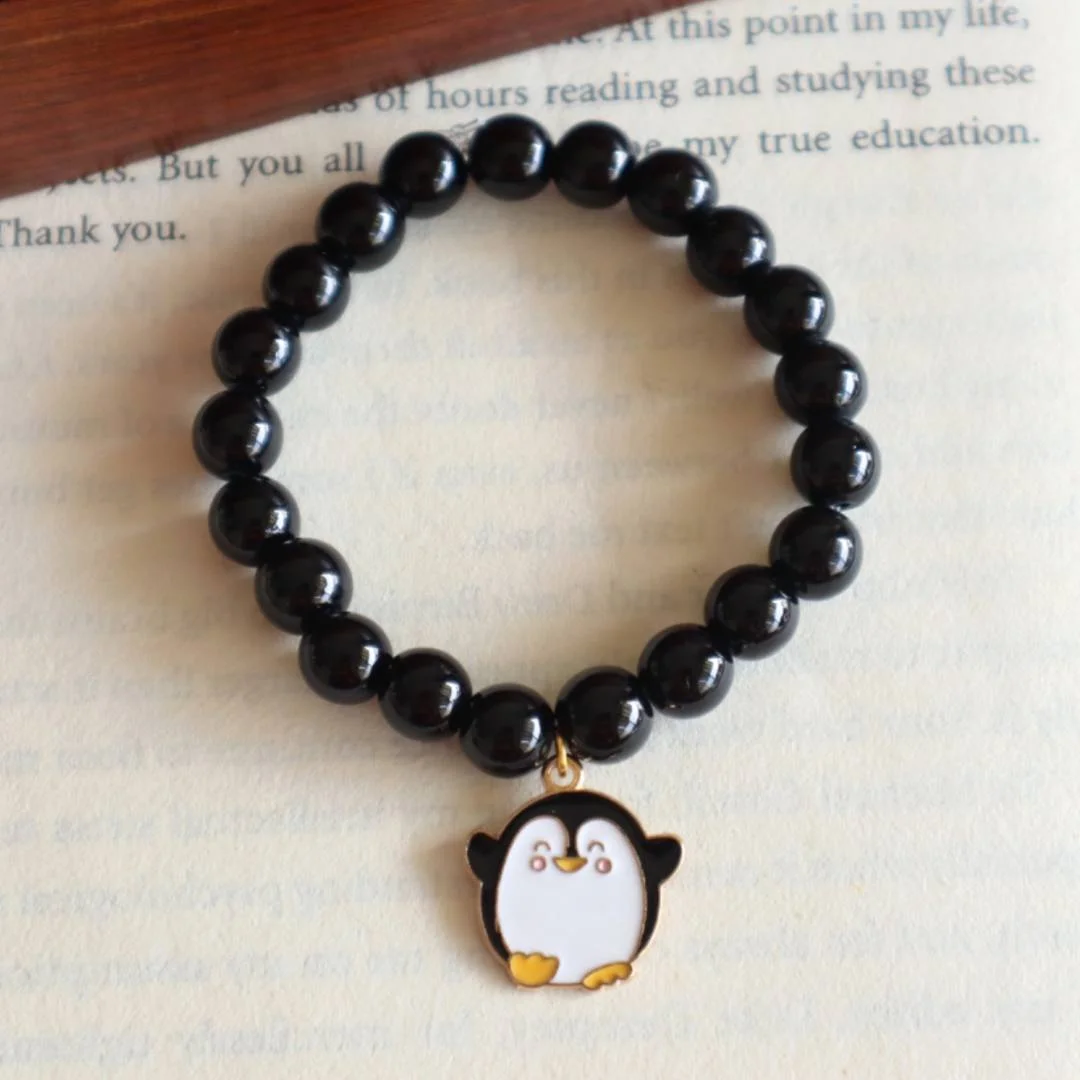 Black Beaded Bracelet With Penguin Charm