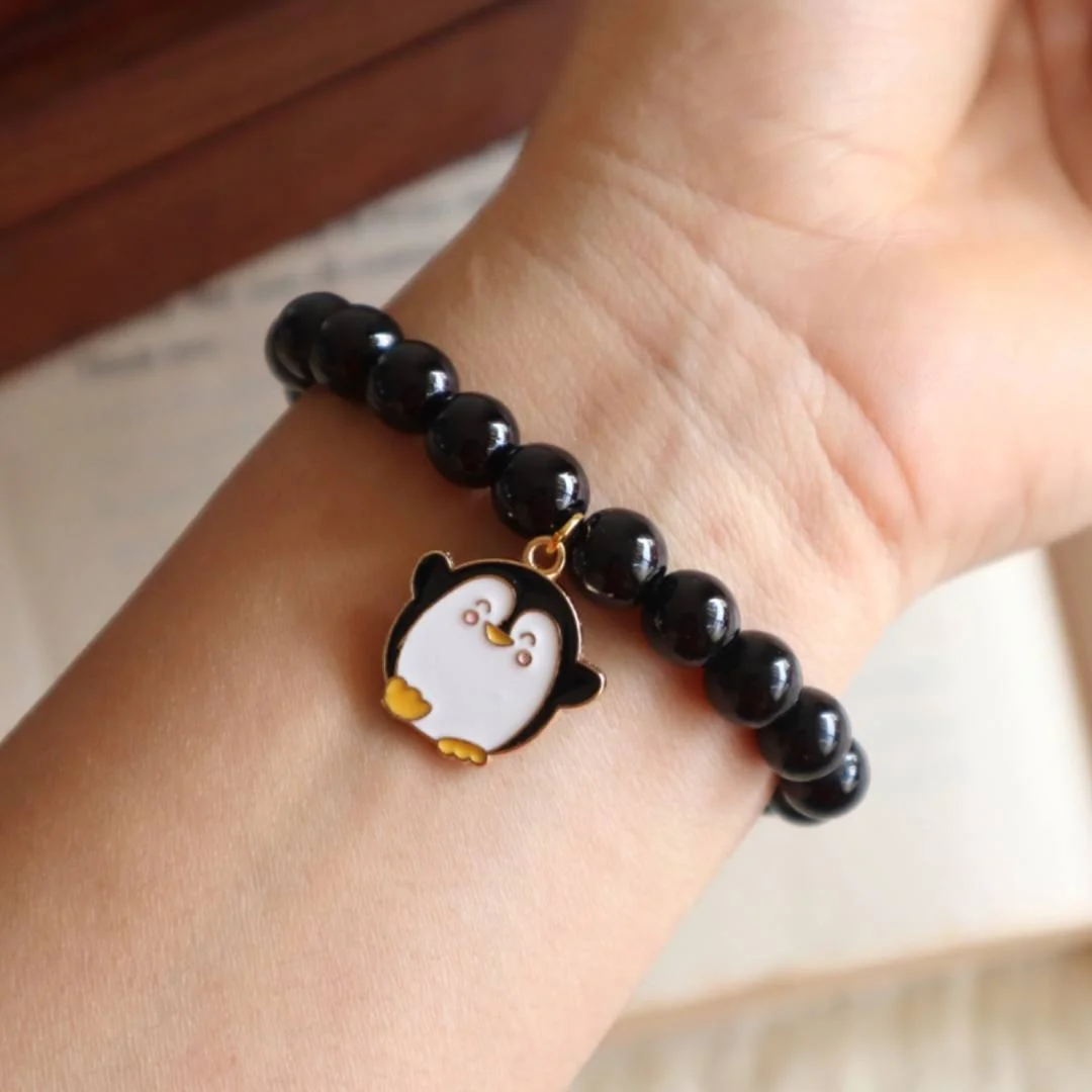 Black Beaded Bracelet With Penguin Charm