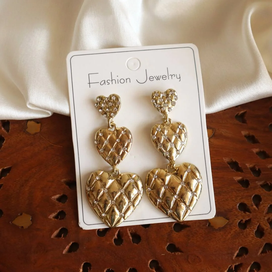 Stone Studded Triple Heart Dangler Earrings