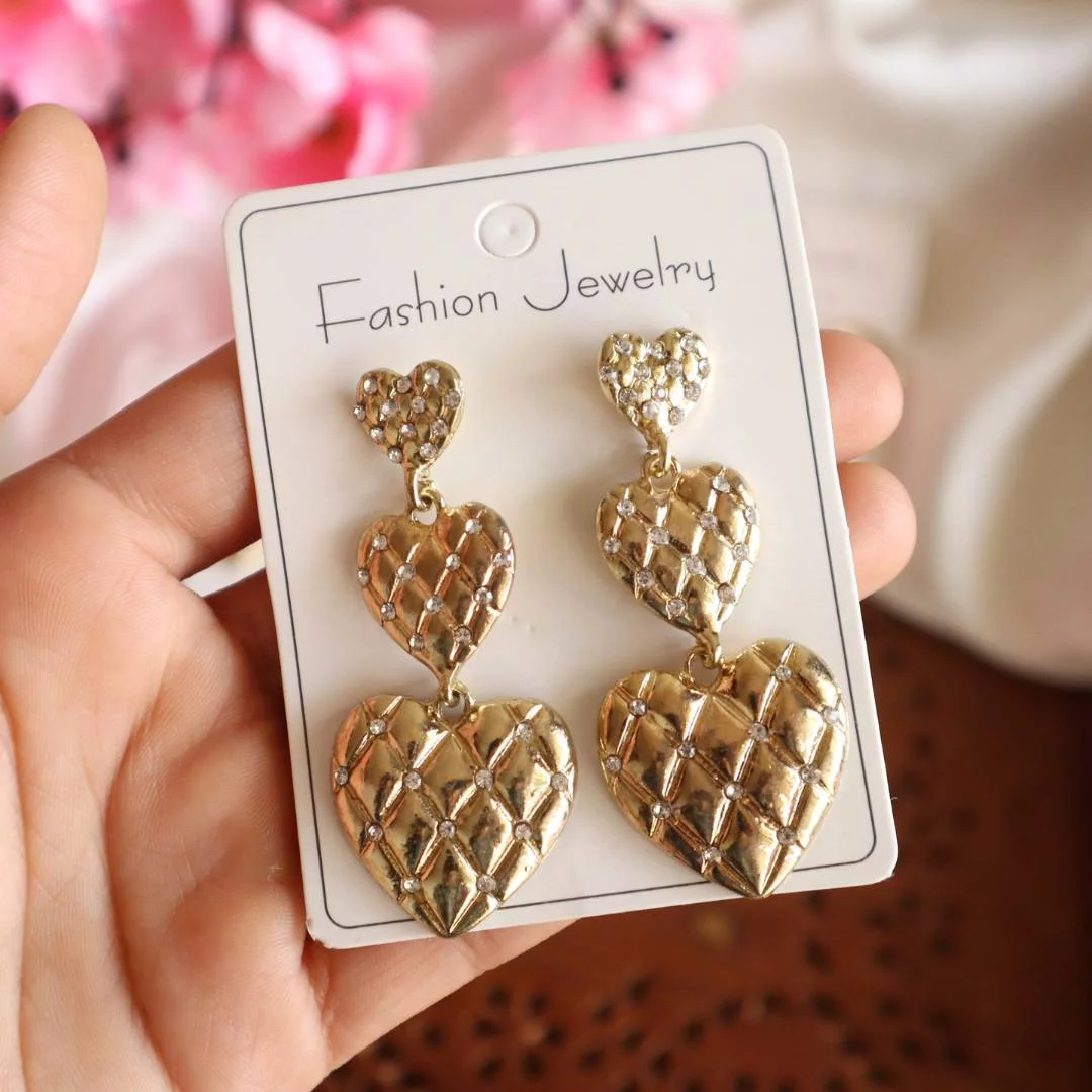 Stone Studded Triple Heart Dangler Earrings