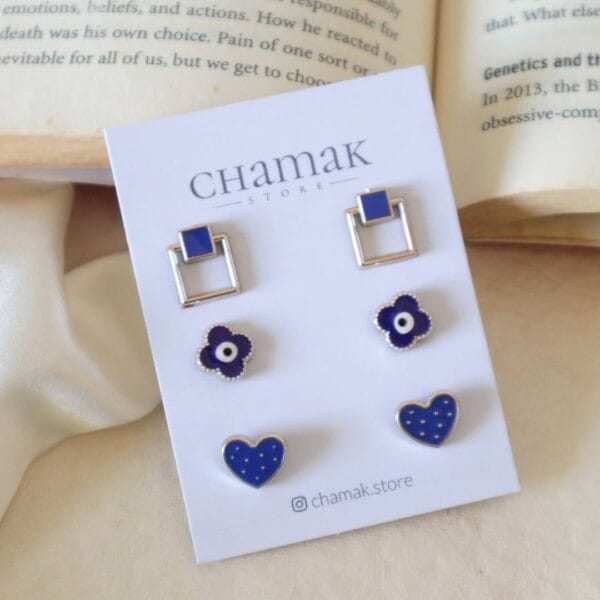 3 Pair Of Stud Earrings- Blue