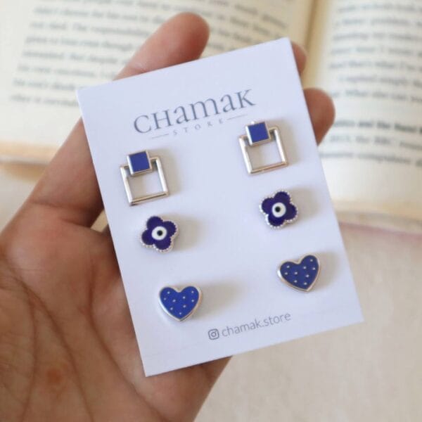 3 Pair Of Stud Earrings- Blue