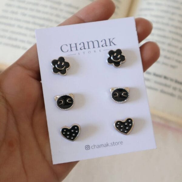 3 Pair Of Stud Earrings- Black