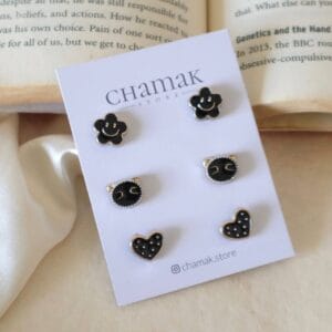 3 Pair Of Stud Earrings- Black