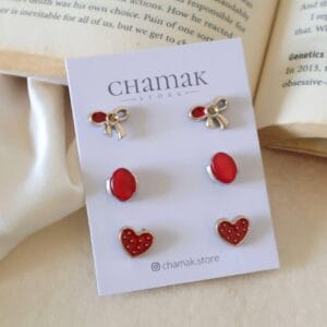 3 Pair Of Stud Earrings- Red